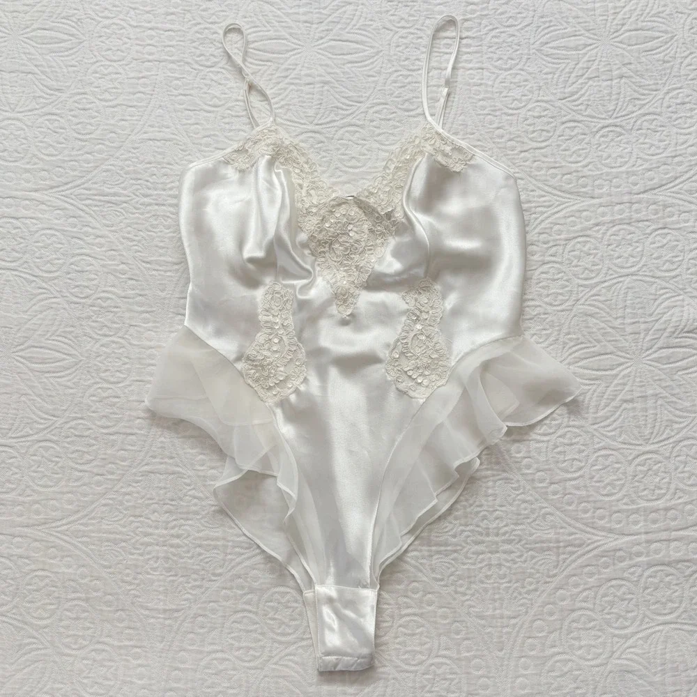 Victoria's Secret Vintage Sequin-Embellished Satin Teddy‎ Bodysuit, Ivory White